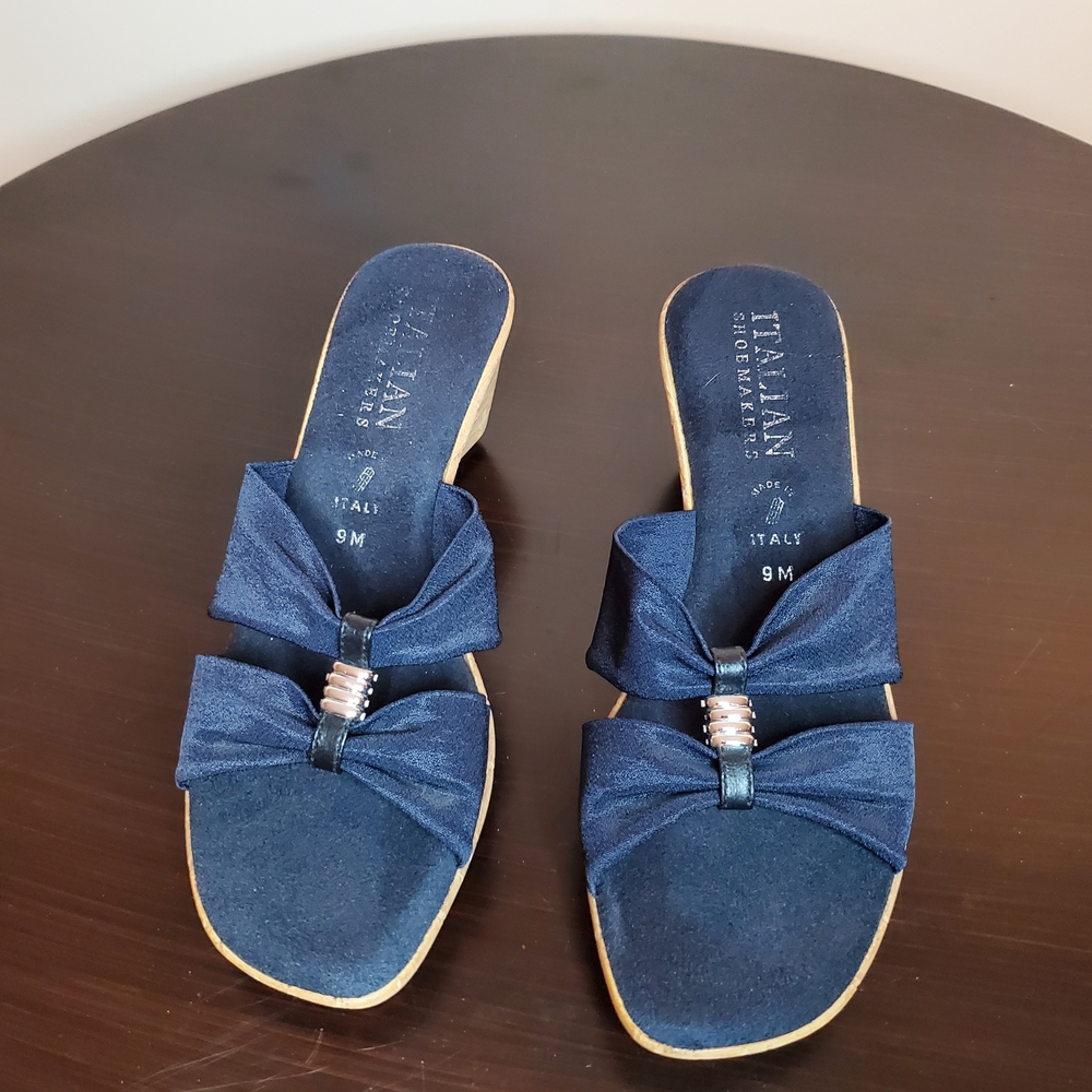 Italian Shoemakers Navy Blue Mules with Bow Accent
